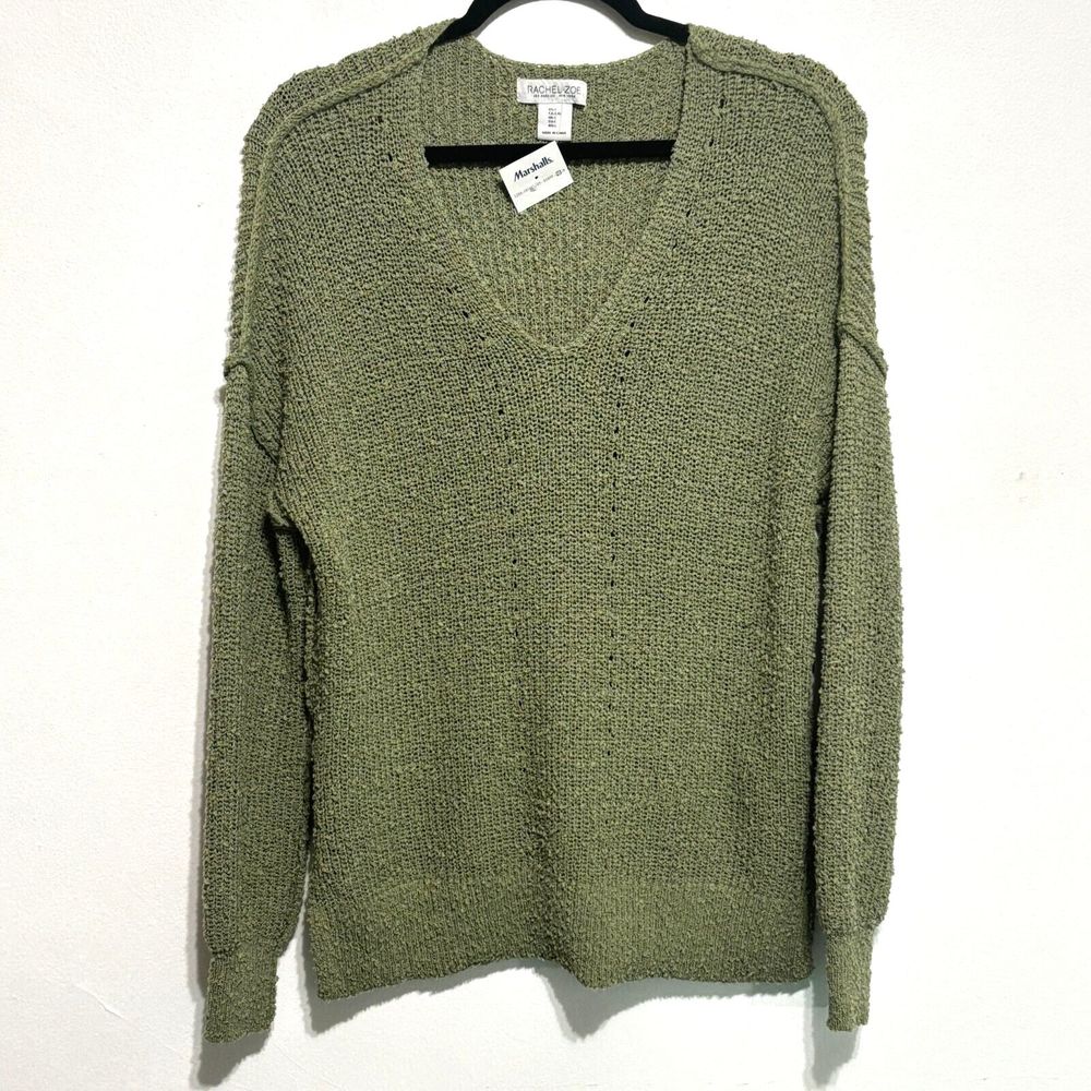 Rachel Zoe Nubby V-Neck Sweater Sz L Green Relaxed Fit Reverse Seam
